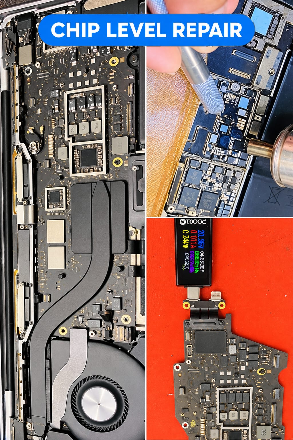 Chip-level repair at iServices Centre Hyderabad: MacBook logic board opened, components reworked under hot air, then the board tested on a USB-C power meter