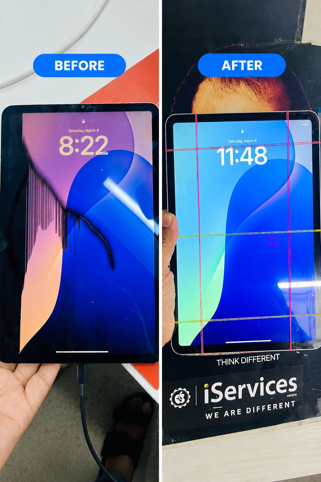 Before and after iPad glass replacement at iServices Centre Hyderabad: cracked screen with lines replaced and display working again