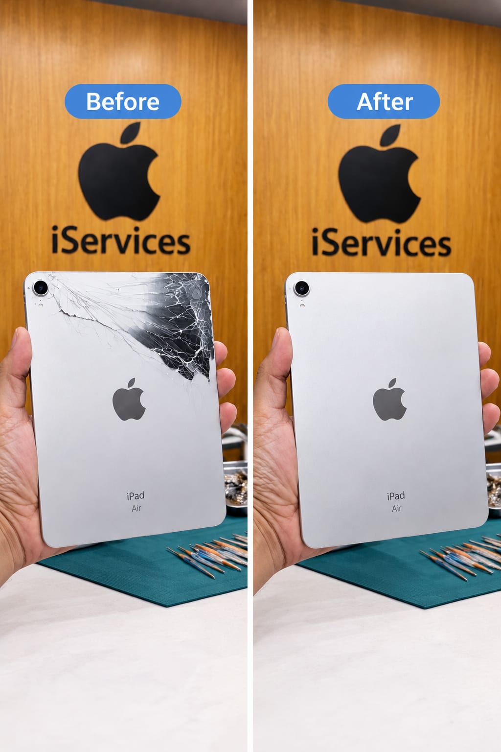 Before and after iPad Air back panel repair at iServices Centre Hyderabad: shattered rear panel replaced
