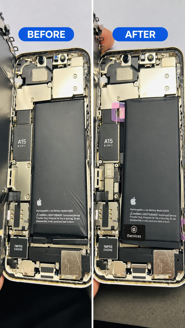 Before and after iPhone battery replacement at iServices Centre Hyderabad: iPhone opened and the old battery replaced with a new one