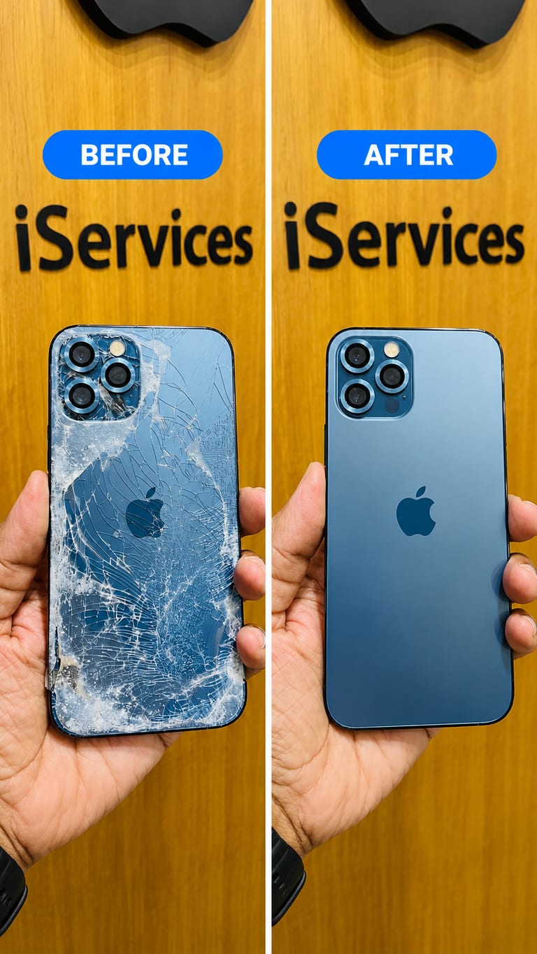 Before and after iPhone back panel replacement at iServices Centre Hyderabad: shattered rear glass replaced with a new back panel