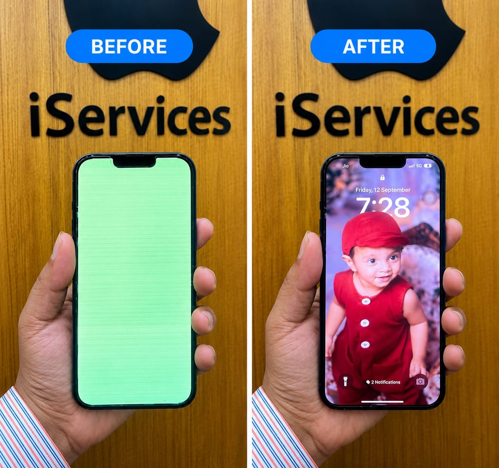 Before and after iPhone display repair at iServices Centre Hyderabad: screen showing green lines replaced and working again