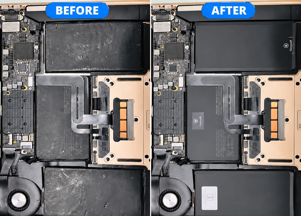 Before and after MacBook battery replacement at iServices Centre Hyderabad: old, worn battery replaced with a new one