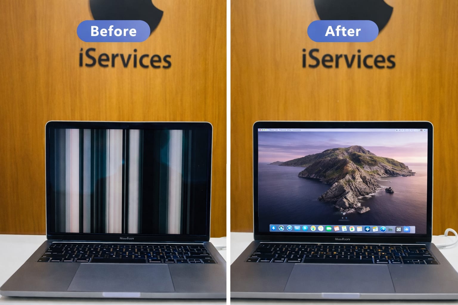 Before and after MacBook display repair at iServices Centre Hyderabad: screen with vertical lines fixed